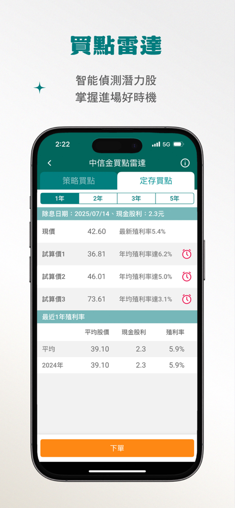 Interface de l'application CTBC Bright Spot montrant la fonctionnalité Buy Point Radar avec une analyse du rendement des dividendes et des recommandations de timing d'investissement.