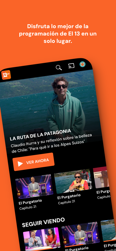 13 GO - Mobile interface of the 13 GO streaming app featuring Chilean television programs and live content.