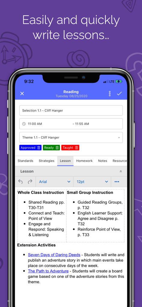 A detailed K-12 reading lesson plan interface in the Planbook Mobile app showing instructional sections and extension activities.