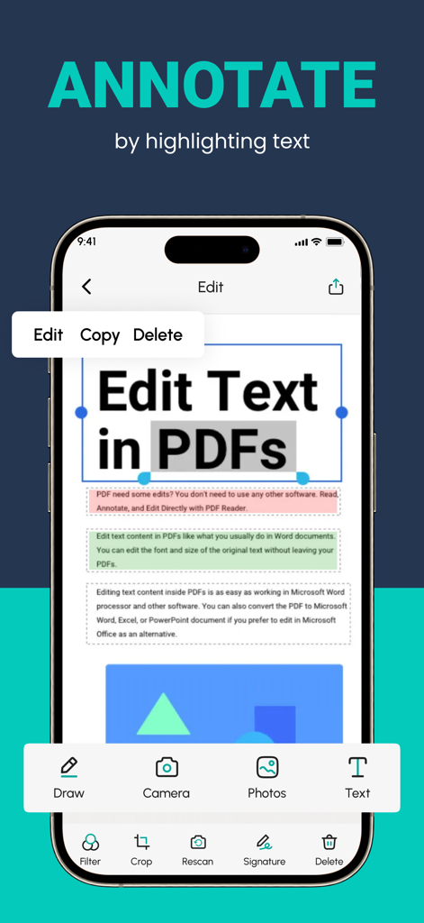 Interface do aplicativo móvel para anotar e editar texto em um documento PDF