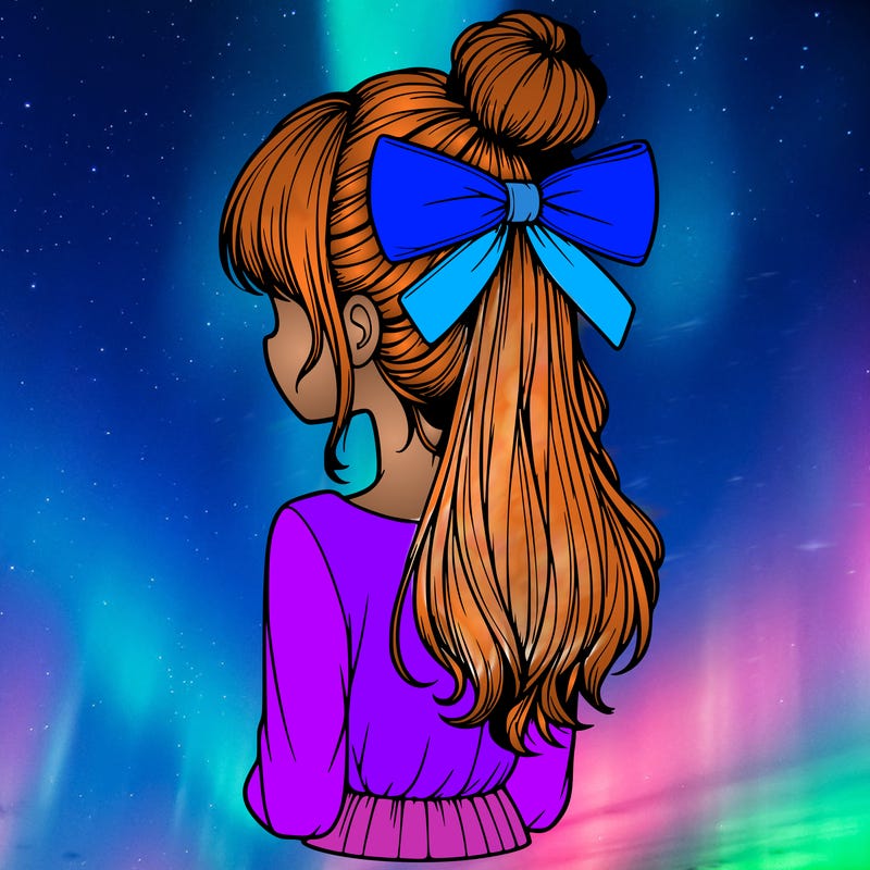 realistic girl  with hip length hair a bun and a big bow on the back of head