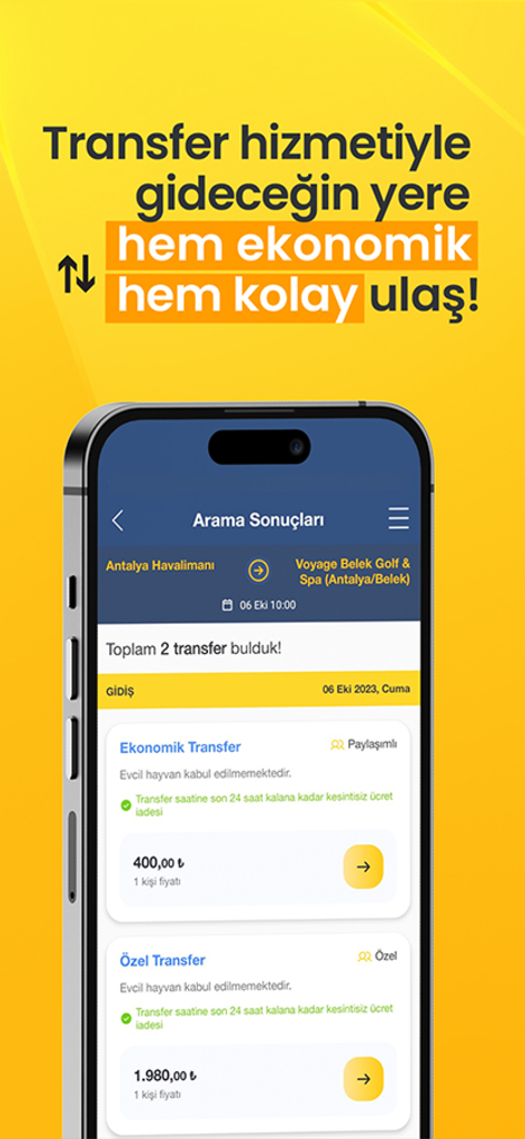 Ucuzabilet app screen showing airport transfer options from Antalya Airport with economic and private shuttle choices