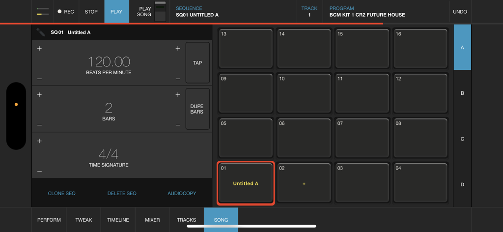 iMPC Pro 2 for iPhone - Interfaccia della modalità canzone di iMPC Pro 2 per iPhone che mostra la griglia a 16 pad e le impostazioni di sequenza
