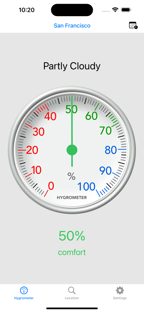 Hygrometer - Air humidity - Hygrometer app screen showing fifty percent air humidity and comfort status for San Francisco