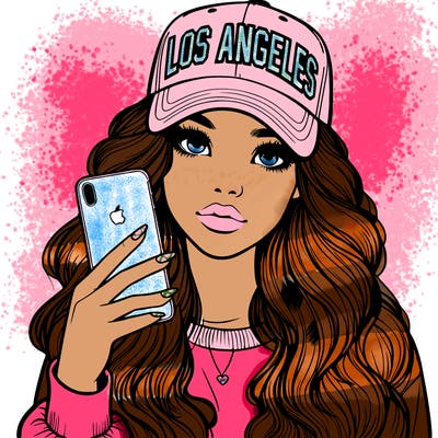 realistic beautiful girl wearing los ángeles cap holding an iphone