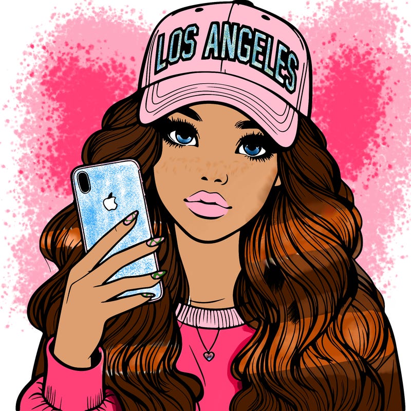 realistic beautiful girl wearing los ángeles cap holding an iphone