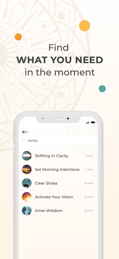 Pause Breathwork Exercises - Search interface of the Pause Breathwork app showing various breathing exercises with their durations like Clear Stress and Inner Wisdom