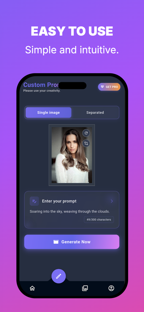 Pom AI：AI Video Generator - Interfaz de la aplicación Pom AI mostrando una pantalla de indicación personalizada para generar videos a partir de una sola imagen y descripción de texto.