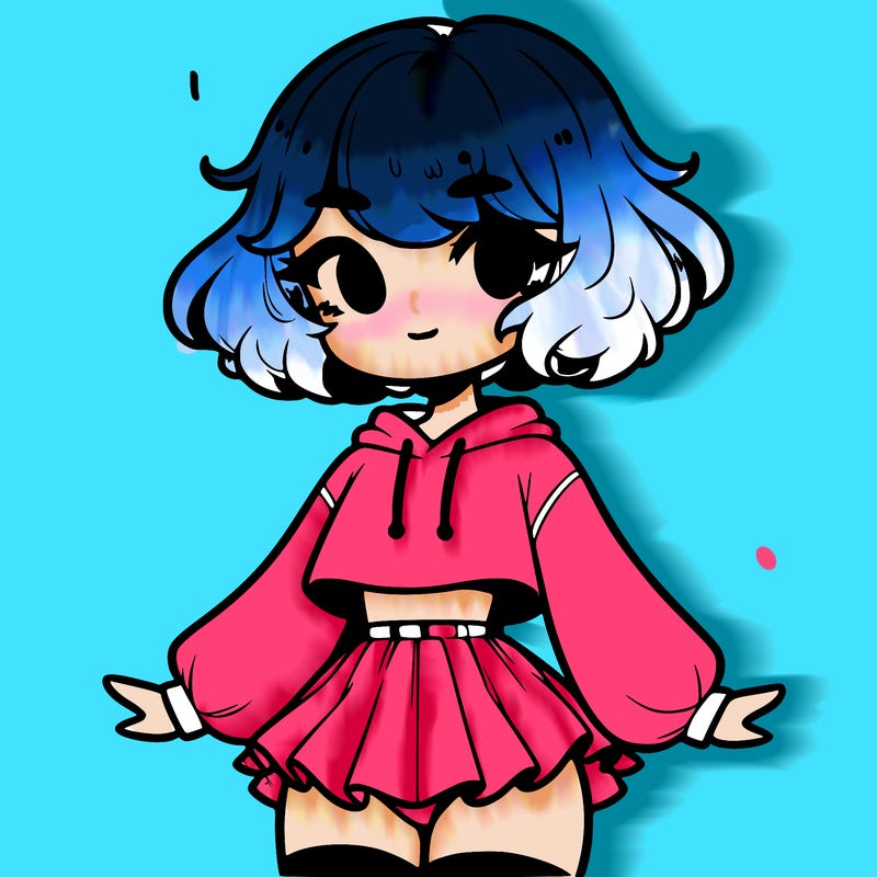 cute femboy with short, fluffy hair that softly frames their face, wearing a cropped hoodie, paired with a flouncy short skirt, and thigh-high stockings