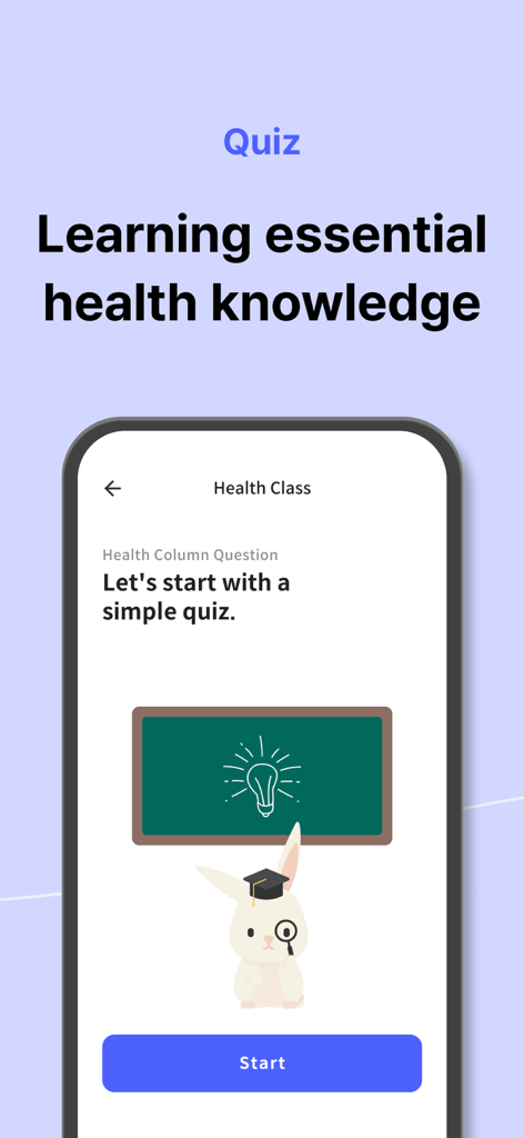 Silvia - Dementia games - Interface of the Silvia app showing a health class quiz with a rabbit mascot and the text Learning essential health knowledge.