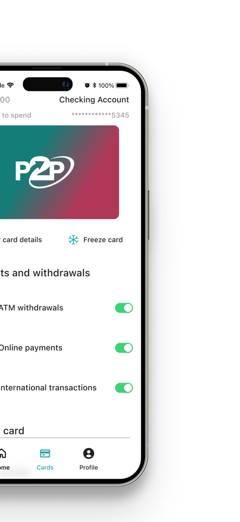 Mobile interface of P2P Finance app showing digital debit card management and security settings for international transactions and withdrawals.