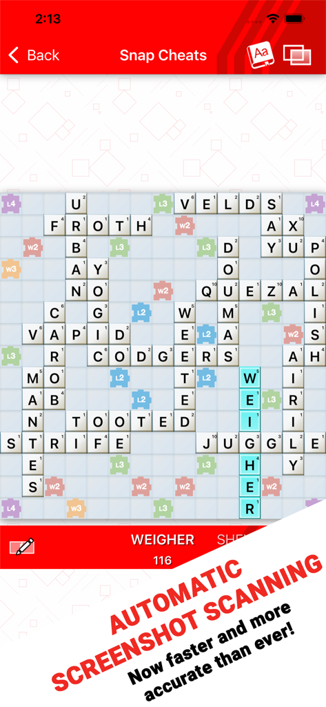 Snap Cheats - for Word Chums - Snap Cheats app screen showing automatic screenshot scanning for Word Chums game board with high scoring word suggestions