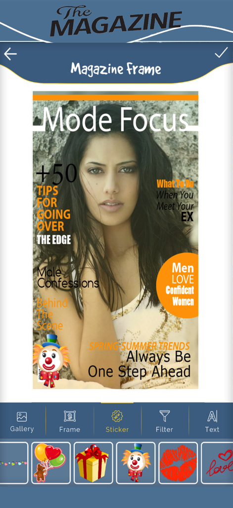 Magazine Cover - Frame Studio - Bildschirm der App, der eine Magazin-Cover-Vorlage mit einem Foto einer Frau und verschiedenen Sticker-Optionen zeigt.