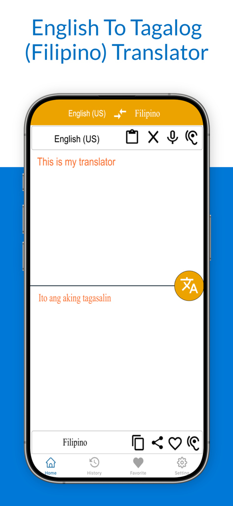 English To Tagalog Translation - A smartphone showing the English To Tagalog Translation app interface with a translated sentence and audio icons.