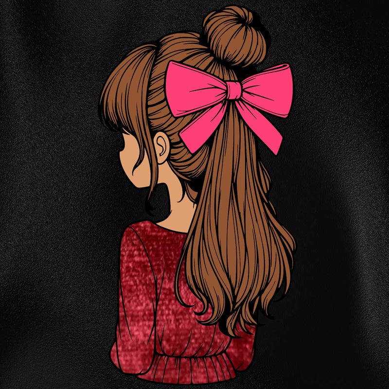 realistic girl  with hip length hair a bun and a big bow on the back of head