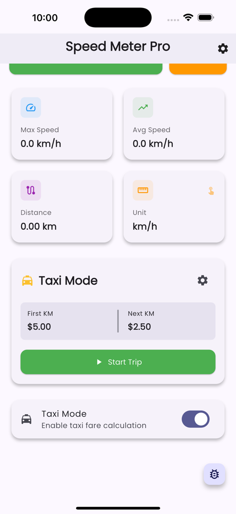 Tableau de bord de l'application Speed Meter Pro affichant les statistiques de vitesse et les paramètres de calcul des tarifs de taxi