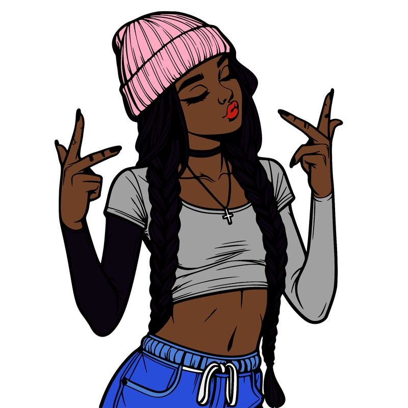 realistic teenage girl with braids and a beanie and crop top doing 🫶🏼
