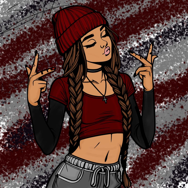 realistic teenage girl with braids and a beanie and crop top doing 🫶🏼