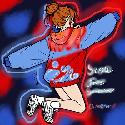 realistic girl jumping with a bun and oversized sweatshirt