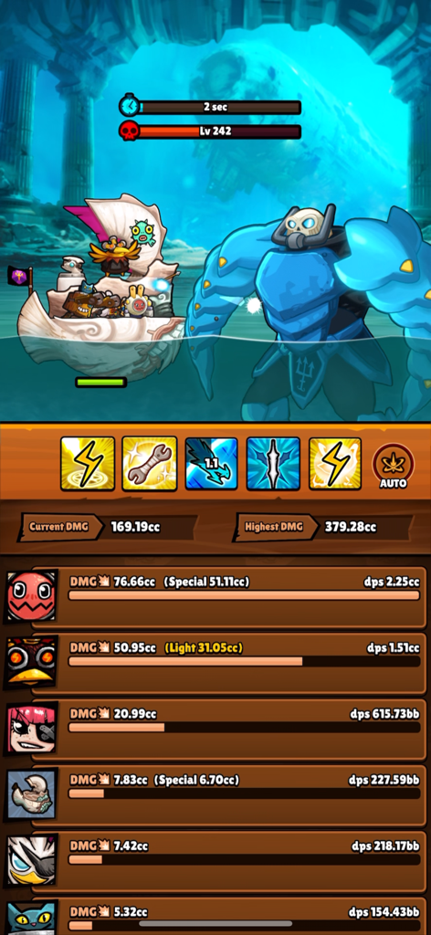 Bounty Bash - A pirate ship engaging in a sea boss battle with hero damage statistics in Bounty Bash Idle RPG