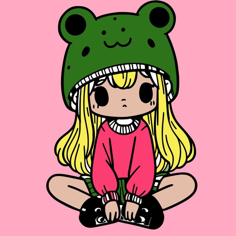 a girl wearing a frog hat and some frog socks