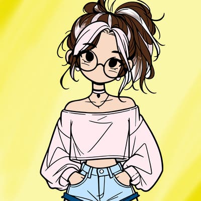 girl with a messy ponytail glasses a baggy crop top and jean shorts