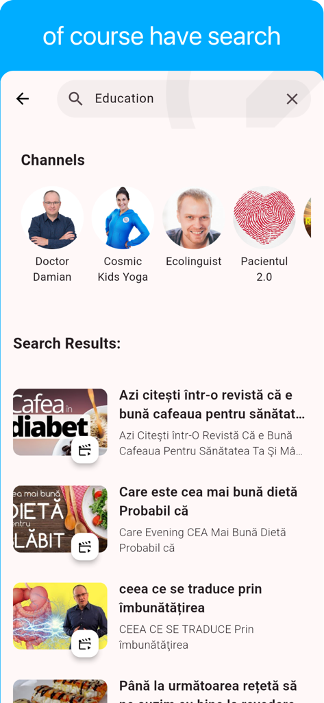 Interfaz de búsqueda y canales de video educativos en la aplicación de aprendizaje de idiomas húngaro.