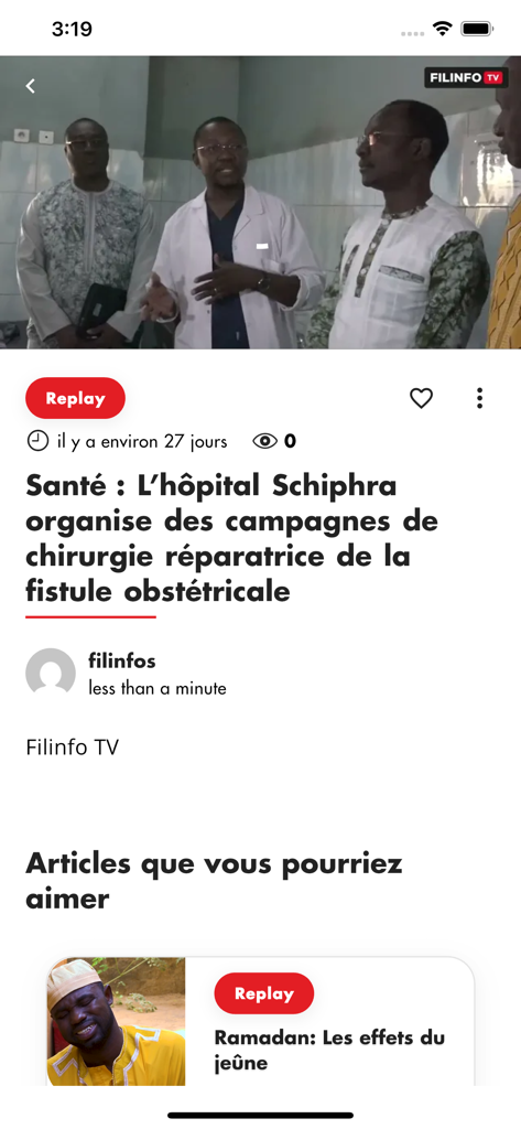 FILINFO TV - Interface of the FILINFO TV app showing a news article about surgery campaigns at Schiphra hospital in Burkina Faso