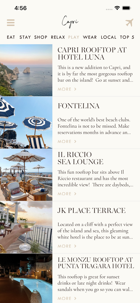 With Love From Kat Travel - カプリ島のトップレストランやホテルの厳選リストを表示するラグジュアリートラベルアプリのインターフェース。