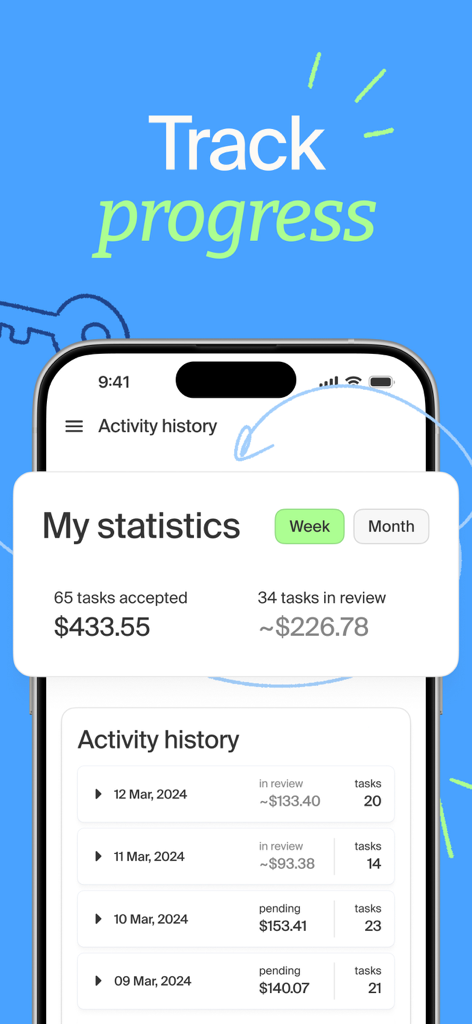 Mindrift mobile app screen showing activity history and earnings statistics for AI tutors