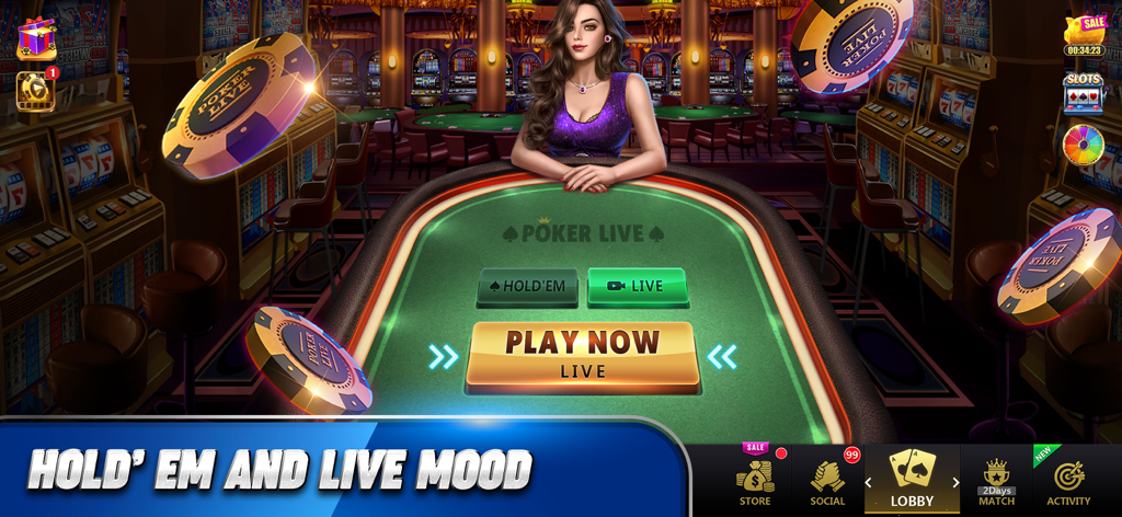 Stanza da poker di lusso con un mazziere a un tavolo di Texas Hold'em e un pulsante Gioca Ora.