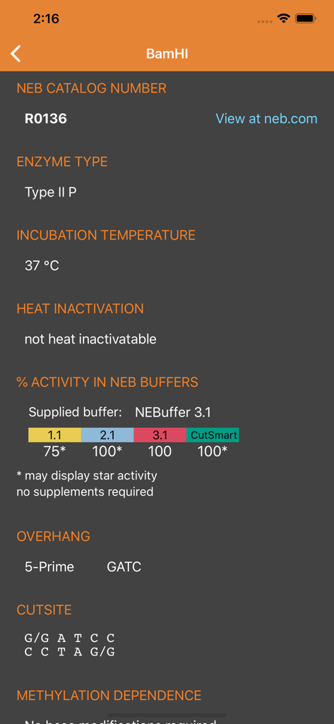 NEB Tools - Detailed technical specifications for BamHI enzyme showing buffer activity and incubation temperature in the NEB Tools app