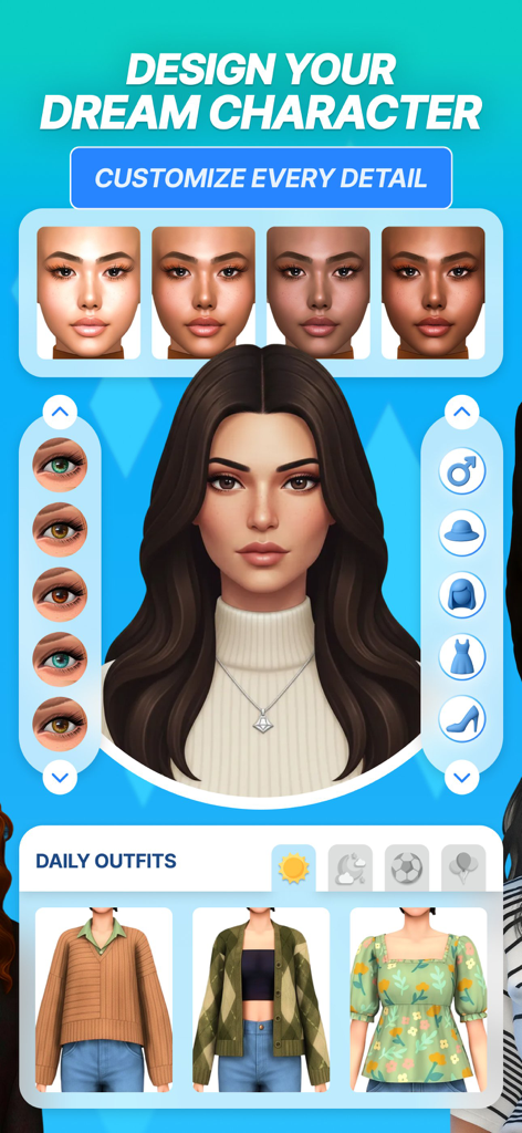 Game Mods for The Sims 4 - A mobile app interface showing character customization for The Sims 4 with skin tones and daily outfits.