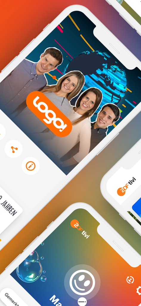 ZDFtivi-App – Kinderfernsehen - Interface de l'application ZDFtivi montrant le programme d'actualités pour enfants logo ! et ses présentateurs