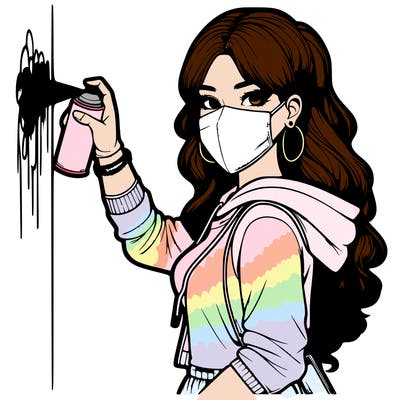 realistic girl with mask spray painting a wall