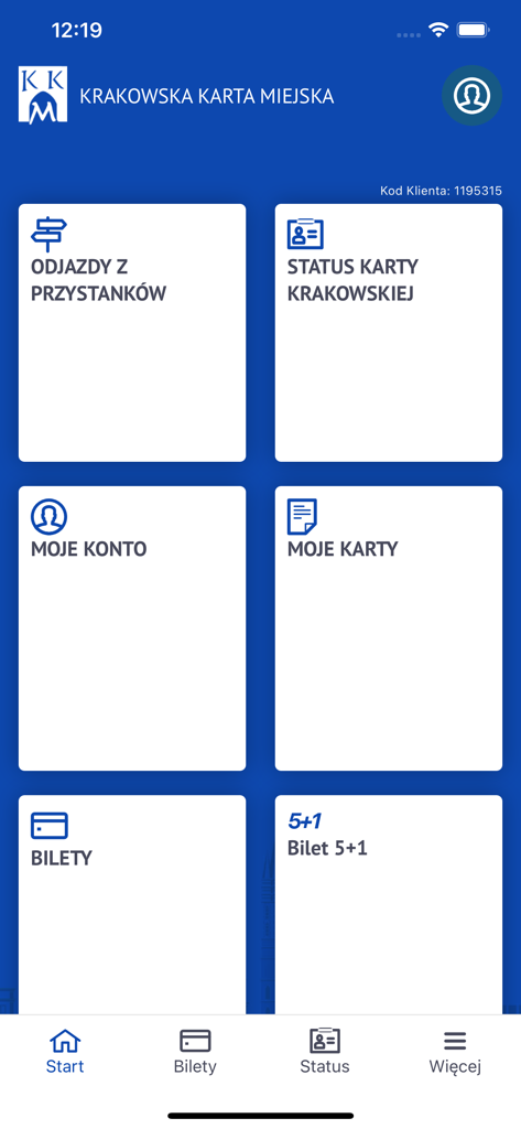 mobilna KKM - Pantalla de inicio de la aplicación mobilna KKM mostrando opciones de billetes de transporte y cuenta.