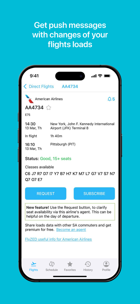 Staff Airlines:My Staff Travel - Écran de smartphone montrant le statut de chargement des vols et la disponibilité des sièges pour un vol American Airlines dans l'application Staff Airlines