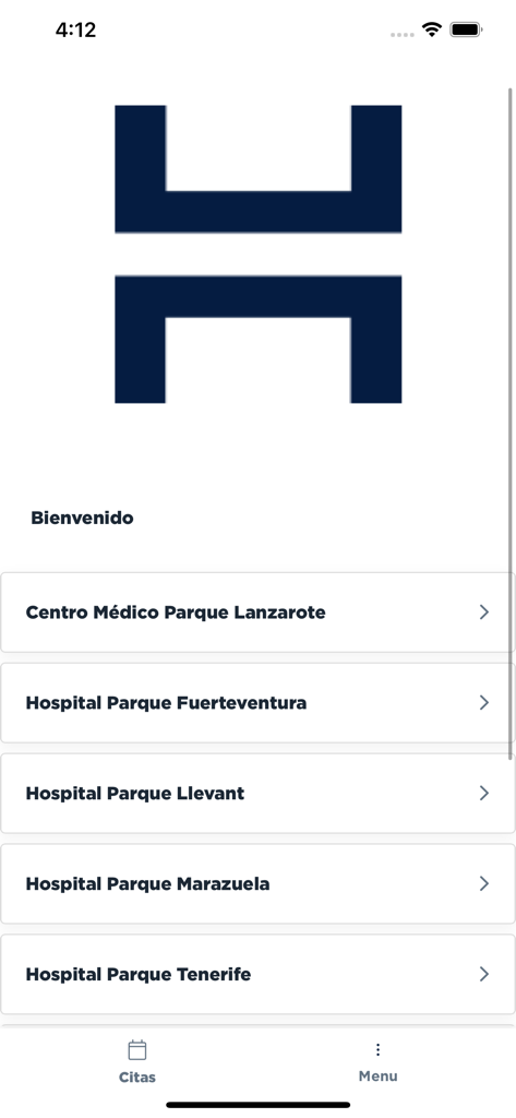 Pantalla principal de la aplicación Hospitales Parque mostrando una lista de ubicaciones de hospitales para reservar citas