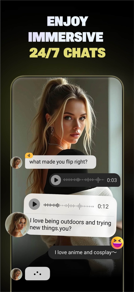 Flipped:Chat with AI Character - Chat screen of Flipped app featuring immersive 24/7 messaging with a realistic AI character and voice notes.