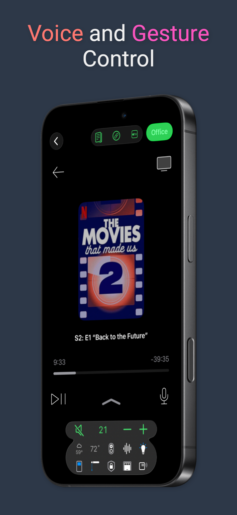 Roomie Remote X interface on iPhone showing voice and gesture control for media playback.