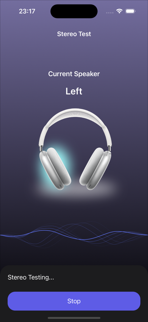 Stereo test interface in the Speaker Cleaner app testing the left speaker channel with a headphone graphic