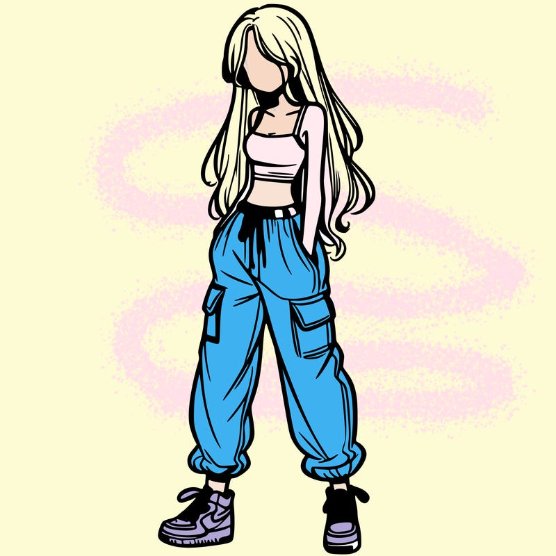girl in baggy pants crop top and long hair