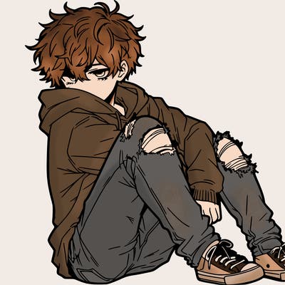 a male hoddie ripped jeans messy hair anime