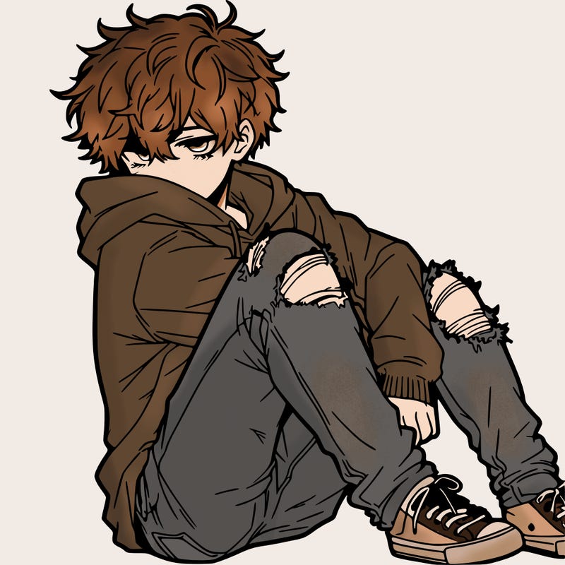 a male hoddie ripped jeans messy hair anime