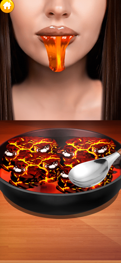 Satisfying AI ASMR - Arte surreal de IA apresentando uma pessoa com lava laranja brilhante a sair da sua boca para uma panela de brasas derretidas com uma colher.