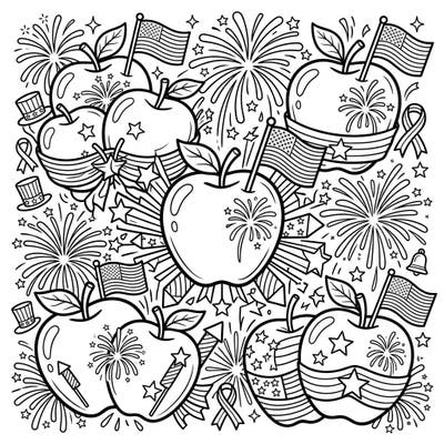 Get into the patriotic spirit with this vibrant Independence Day apples coloring page. Featuring a joyful arrangement of apples adorned with American flags, fireworks, and stars, it's perfect for festive coloring.