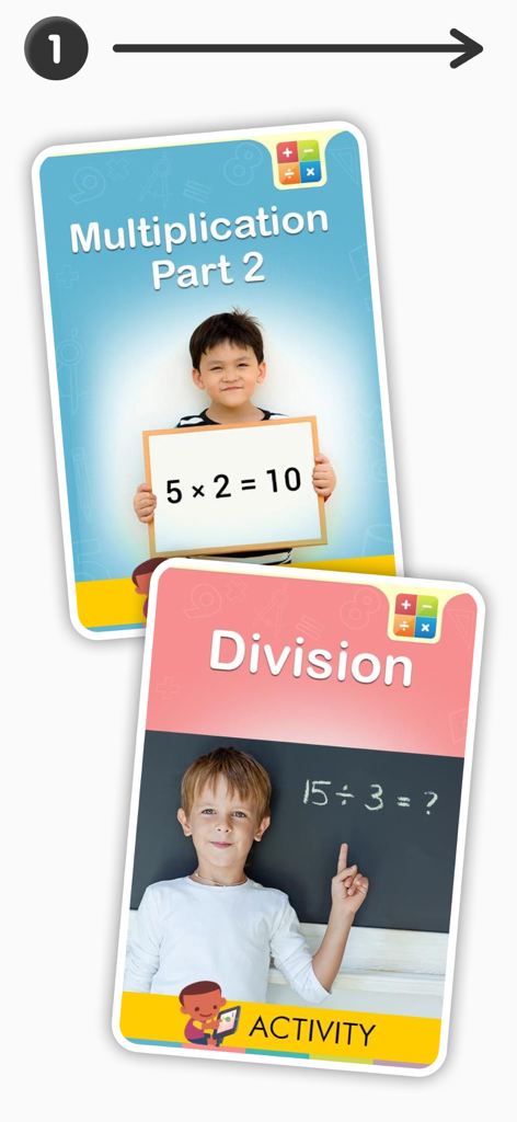 Educational flashcards for multiplication and division in the 2nd grade math app