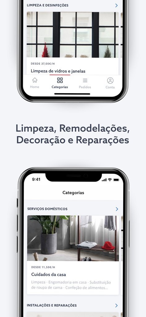 FIXO – Serviços para a casa - Two smartphone screens displaying home service categories like cleaning and house care on the FIXO app