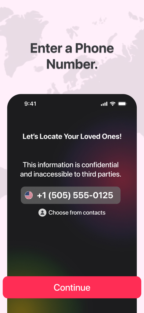Interfaz de la aplicación SpotNow que muestra un campo de entrada de número de teléfono para el rastreo de ubicación.