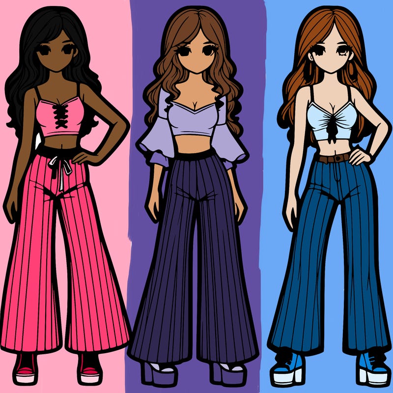 girls with flare pants and crop tops realistic